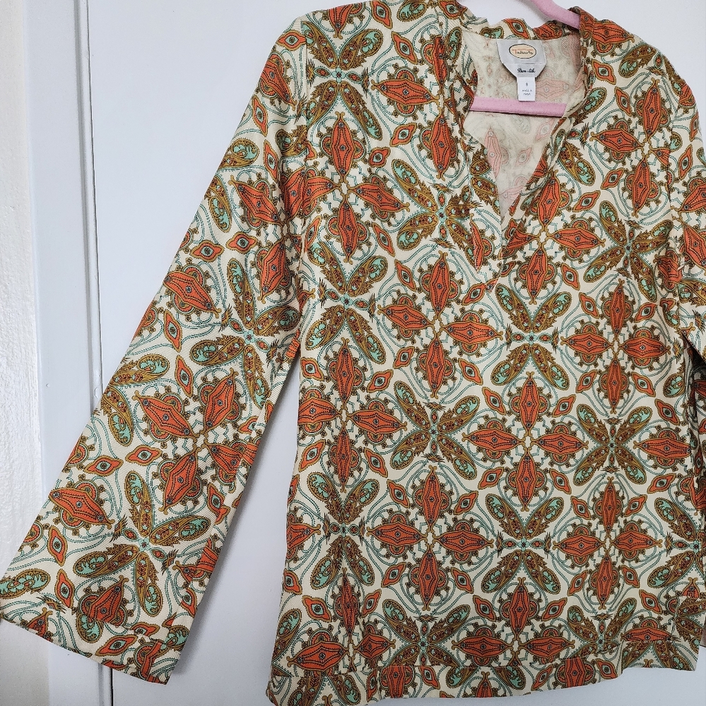 Vintage Talbots Psychedelic Butterfly Orange Blue Cream Bell Sleeve silk Blouse - Picture 2 of 8